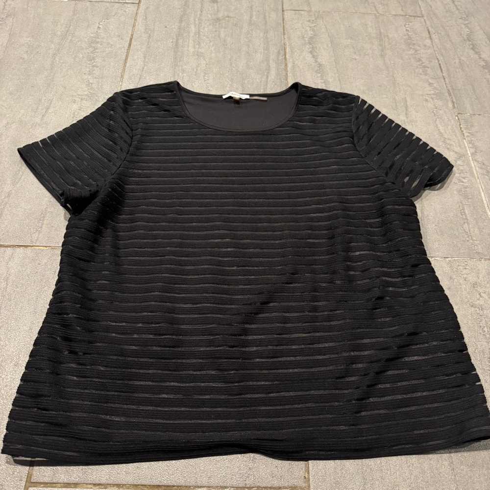 CALVIN KLEIN Black Velvet Striped Short Sleeve Round Scoop Neck Top Size XL